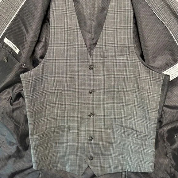 Linea Uomo Mens Grey Glen Plaid 3-Piece Performance Suit 38 Long 32 Waist Wool